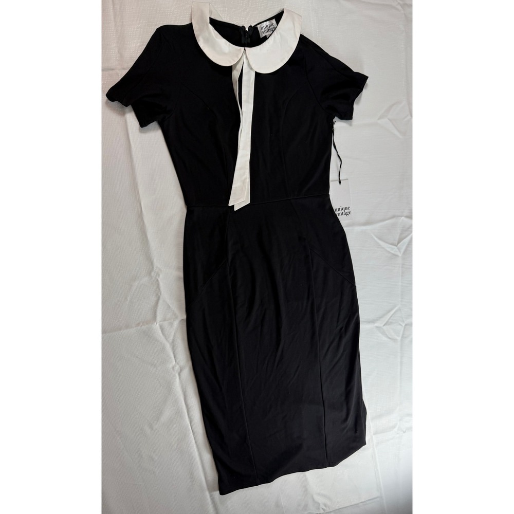 Unique Vintage Black Peter Pan Collar Bow Midi Dress Large NWT - Picture 3 of 10